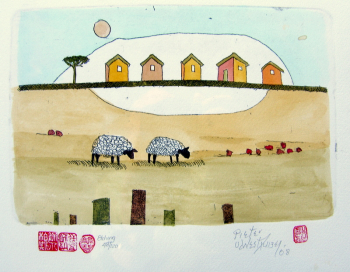 houses on the hill - Pieter van der Westhuizen 
185 x 250 mm (excluding frame) - etching - framed
