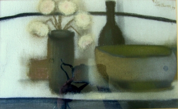 still life with bottle, bowl and flowers - Pieter van der Westhuizen
410 x 250 mm - mixed media on canvas - signed  1979
