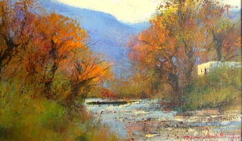 river at genadendal  
370 x 220 mm  - acrylic on canvas  -  framed. this painting was selected to appear in derric van rensburg's coffee table book on page 84.  SOLD

